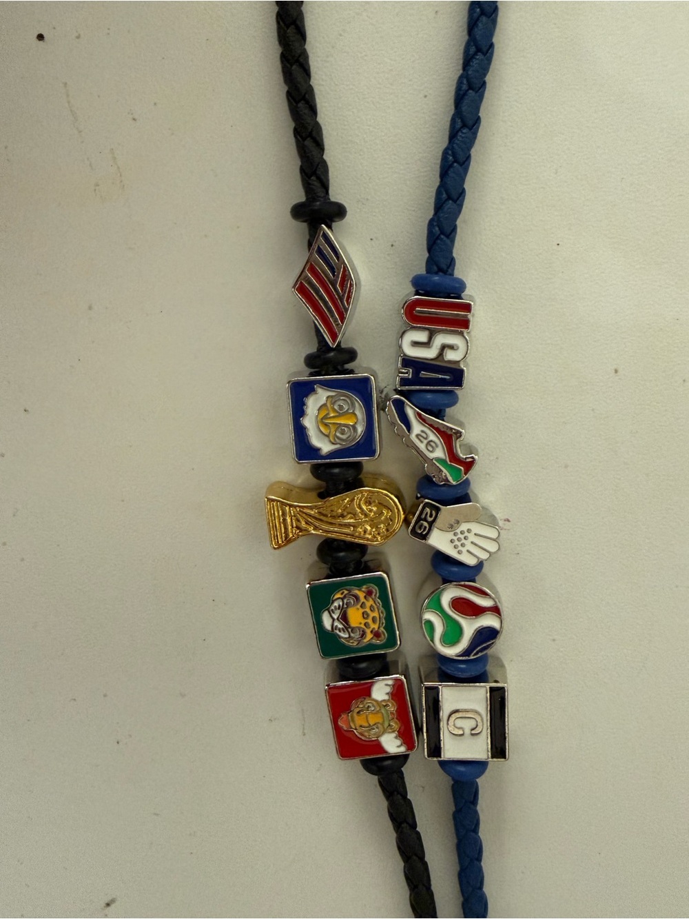 Soccer Charm Braided Bracelet Pair - Blue & Black with World Cup and USA Charms